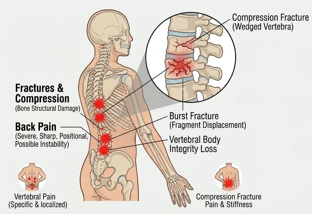 Spinal compression and burst fractures &mdash; a vertebra crushed or shattered by car-accident forces