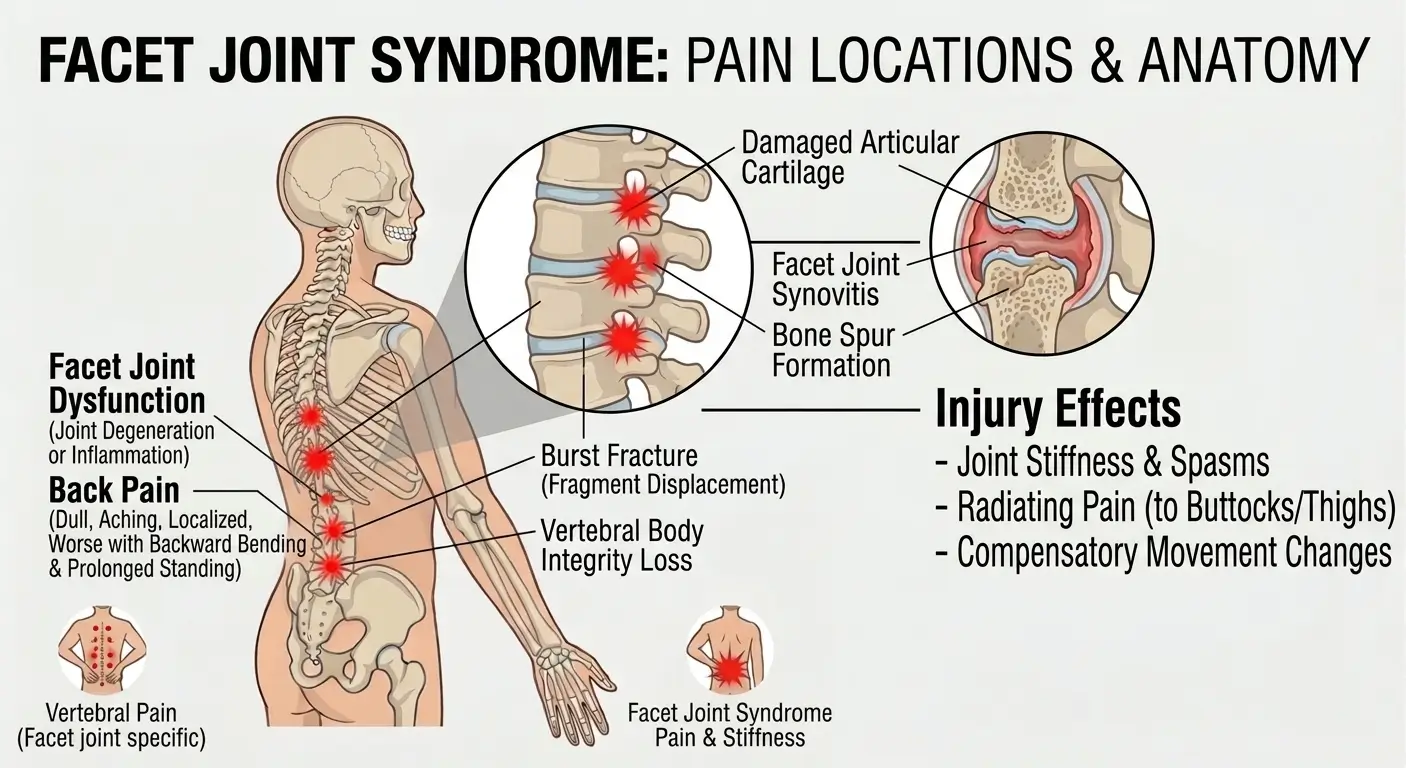Facet joint syndrome diagram &mdash; pain locations and spinal anatomy showing facet joint dysfunction, damaged articular cartilage, synovitis, and bone spur formation