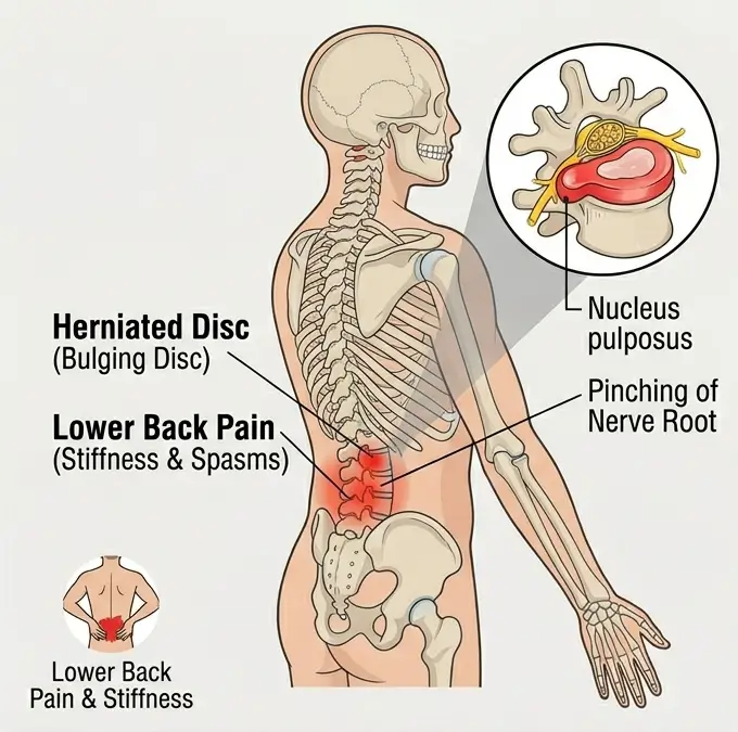 Herniated disc diagram &mdash; a bulging lumbar disc with the nucleus pulposus pressing on a pinched nerve root, causing lower back pain and stiffness