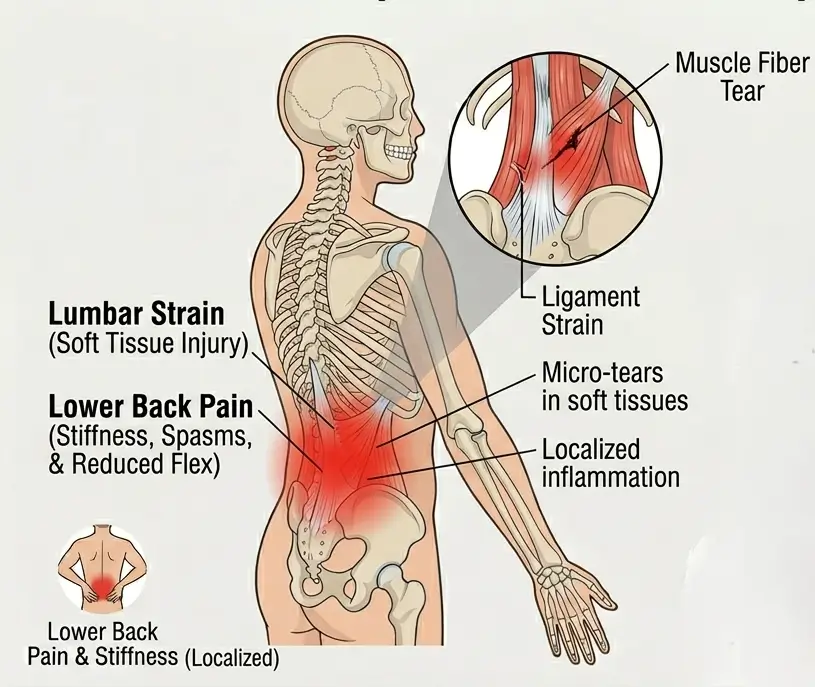 Lumbar strain diagram &mdash; a soft-tissue lower-back injury with muscle fiber tears, ligament strain, micro-tears, and localized inflammation